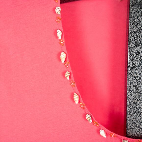 Sigrid Olsen Cotton Knit Top T-Shirt PETITE LARGE Pink Beaded Shell Accent Artsy - Picture 2 of 5